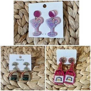 Three Pairs Cocktail Theme Earrings Champagne, Tequila, Martini